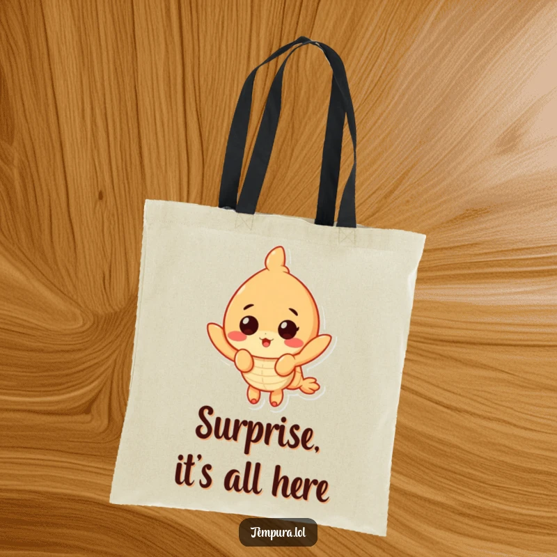 Funny Surprised Shrimp Tote Bag: A tempura shrimp with a shocked expression, perfect for carrying items with a humorous touch.