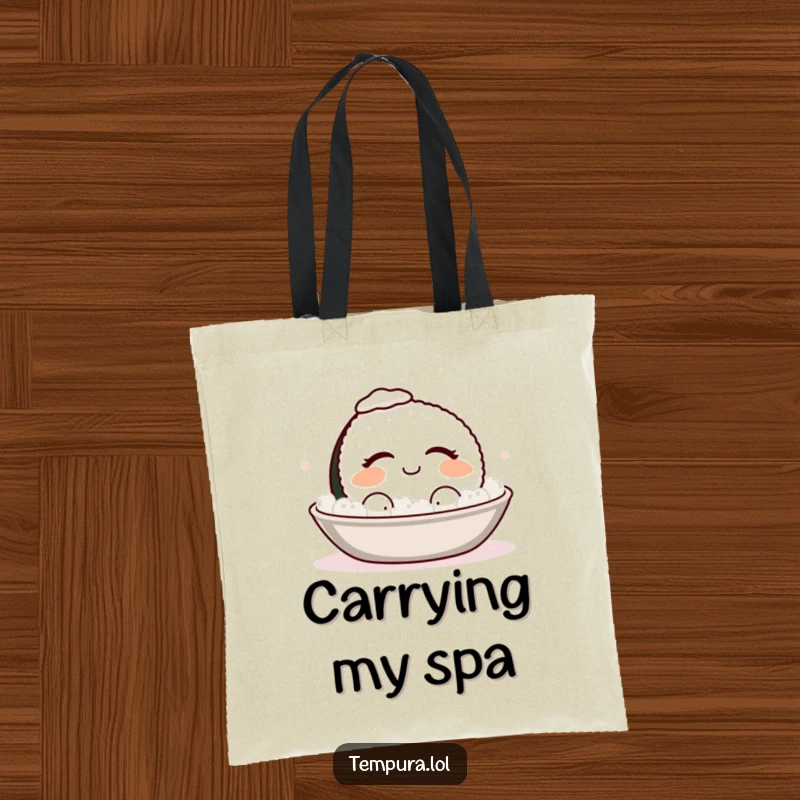Funny smiling sushi with eyes closed, enjoying a warm bath, a humorous tote bag for carrying calm moments.