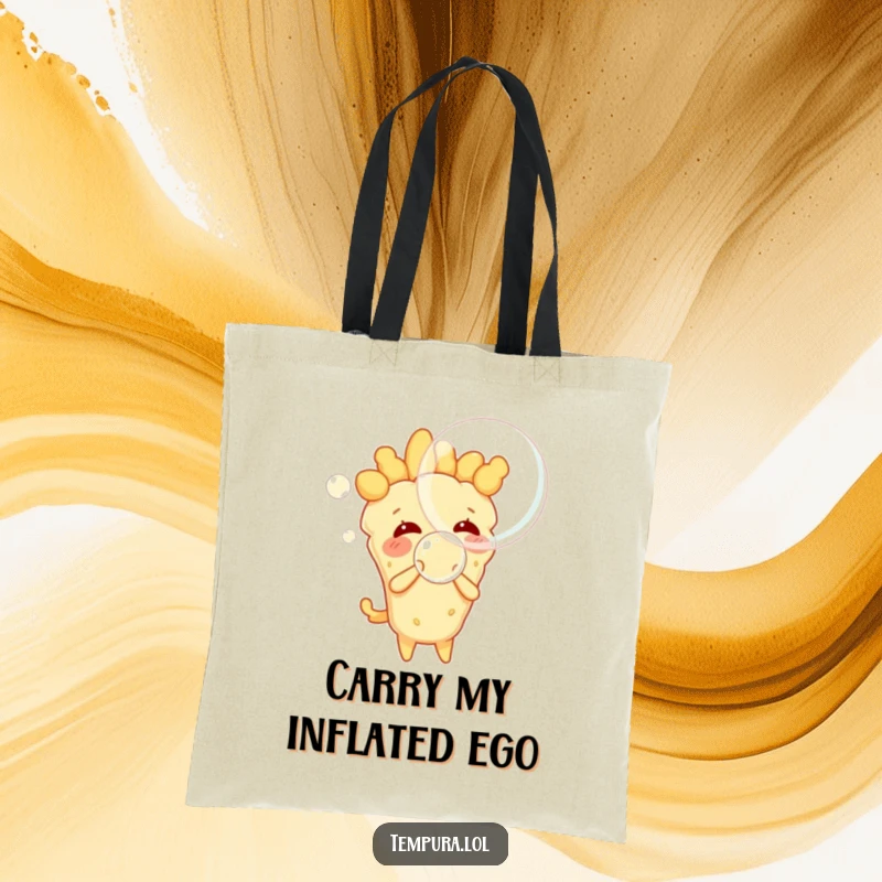 Funny tempura character cheerfully blowing an oversized, translucent bubble, a whimsical tote bag for everyday use.