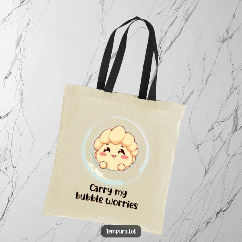 Funny tote bag featuring a cheeky tempura character peeking out of a large bubble, a perfect humorous accessory for carrying items.