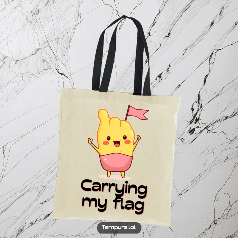 Funny Tempura Tote Bag showing a piece of tempura enthusiastically waving a tiny flag, a practical and cheerful foodie accessory.