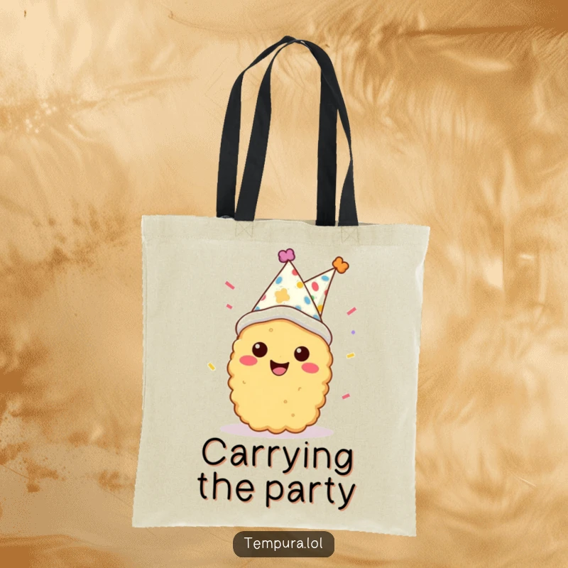 Funny tempura character wearing a party hat and confetti, smiling brightly on a durable tote bag, ready for errands.