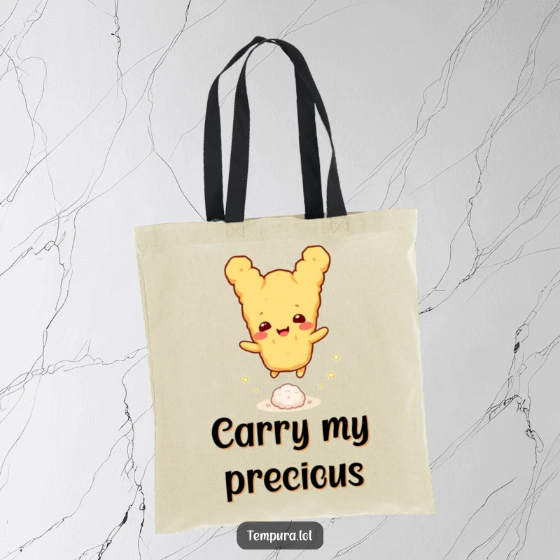 Funny tempura character gleefully bouncing a small shiny rice ball, perfect for a stylish and funny tote bag.