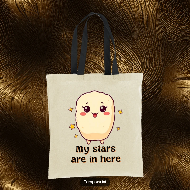 Funny Tote Bag with a delightful tempura character actively juggling small, twinkling stars.