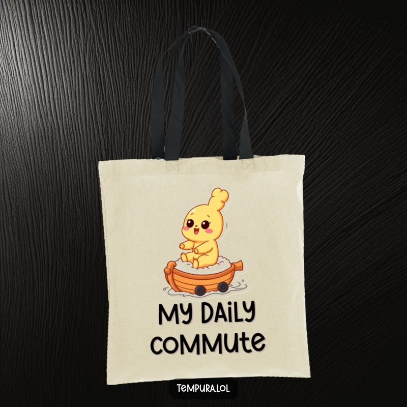 Funny tempura character riding a small sushi boat on a durable tote bag, perfect for carrying essentials with a smile.