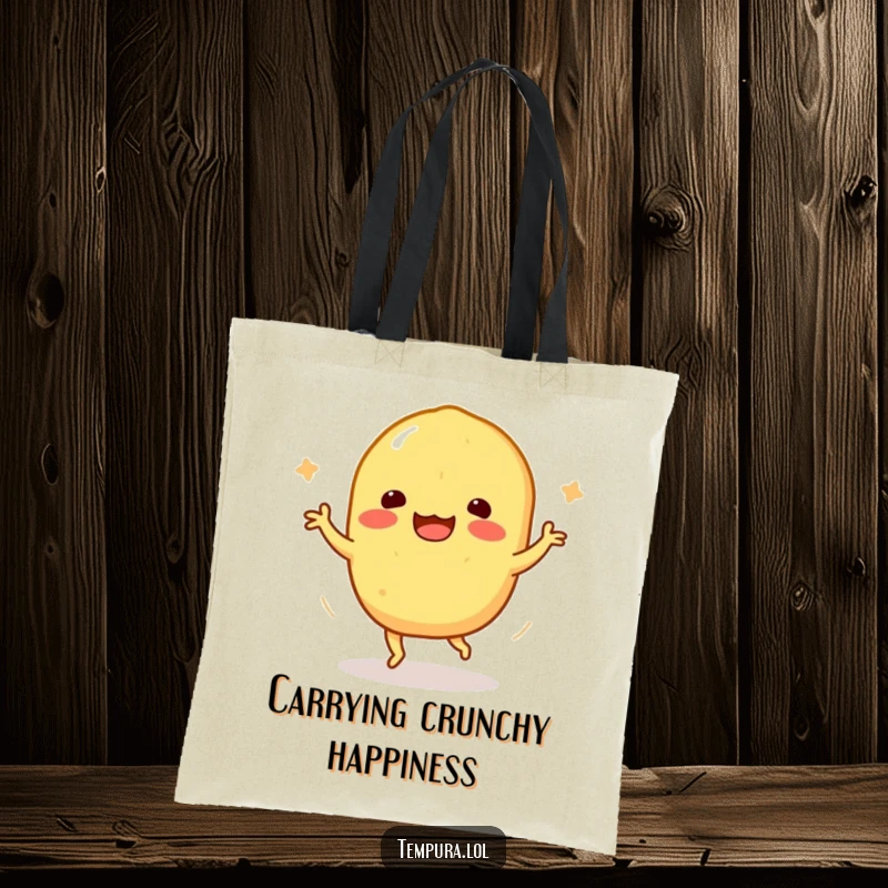 Funny Tempura Sweet Potato Tote Bag: A tempura sweet potato character is doing a funny happy dance, ready to carry your items.