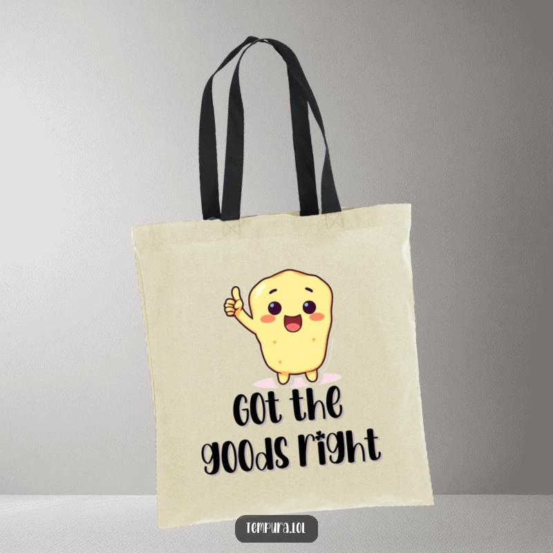 Funny Tempura Thumbs-Up Tote Bag featuring a tempura character giving an excited thumbs-up, a humorous and practical accessory for foodies.