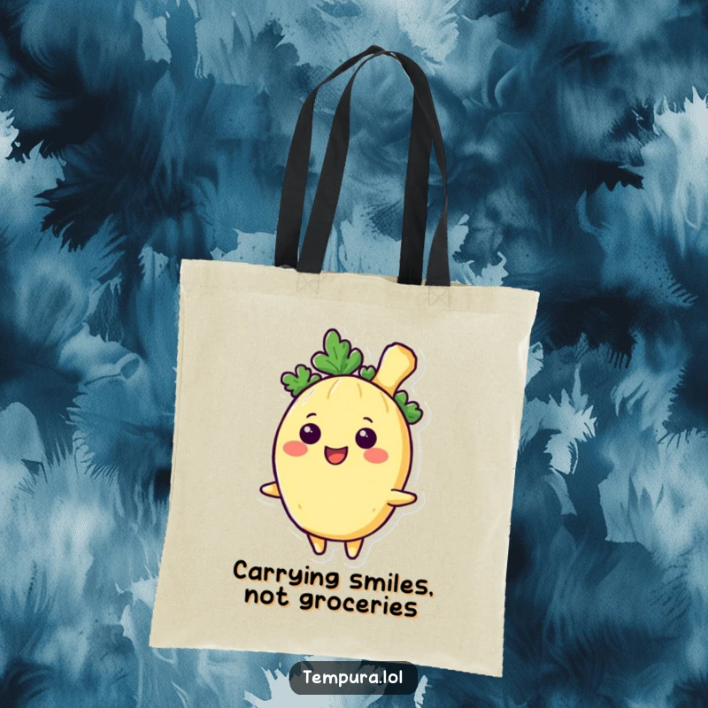 Funny Tempura Vegetable Tote Bag, illustrated with a big, contagious smile, ideal for stylishly carrying essentials with humor.