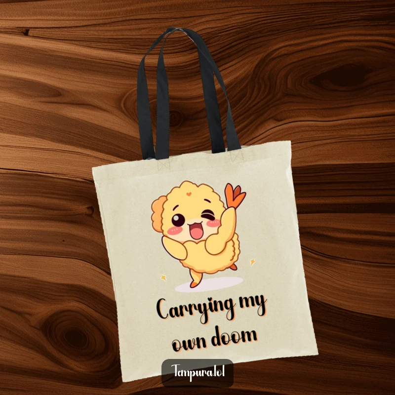 Funny Tote Bag featuring a cartoon tempura shrimp comically tripping over its own crunchy coating.