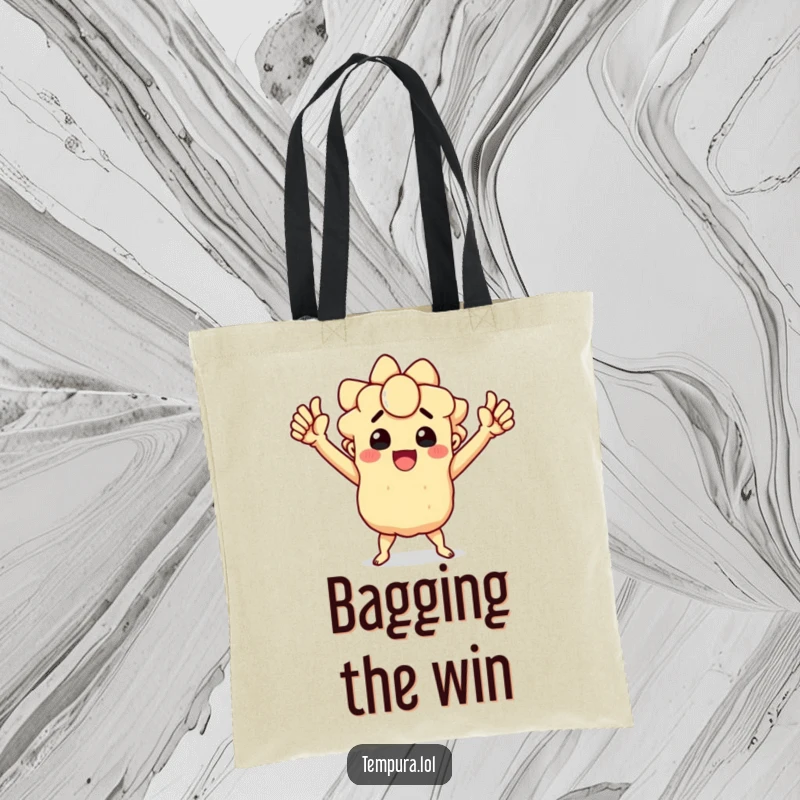 Funny tote bag featuring a tempura character striking a triumphant pose, conveying a sense of accomplishment and humor.