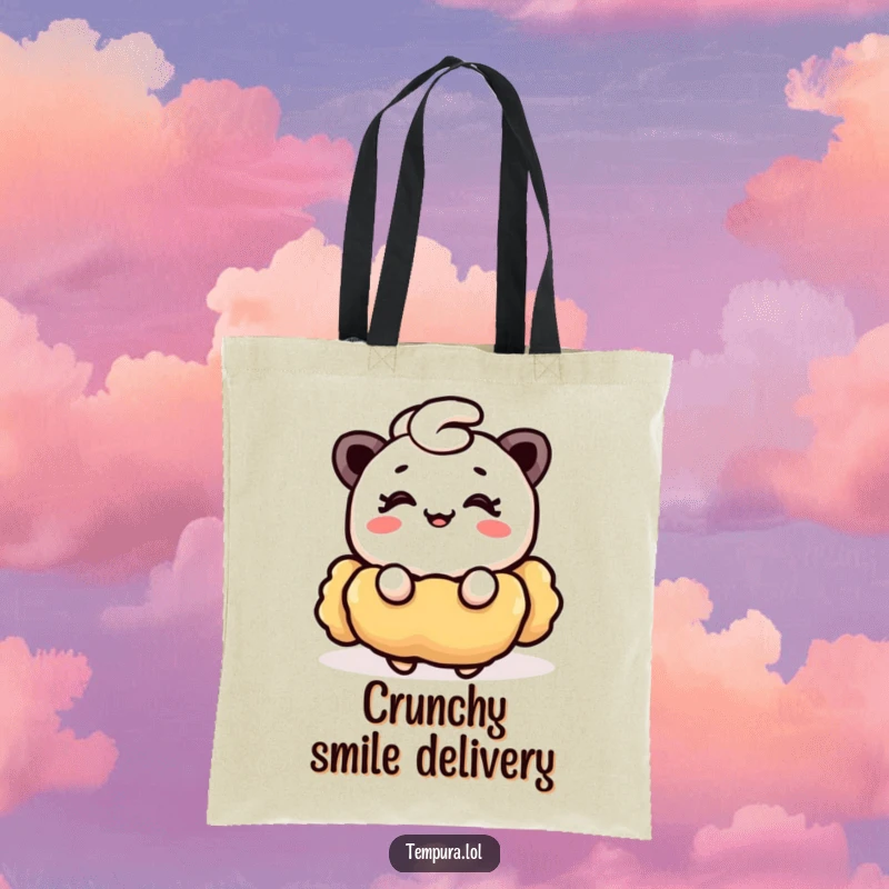 Funny Tempura Tote Bag: A charming tote bag featuring a funny piece of tempura winking with a happy smile.