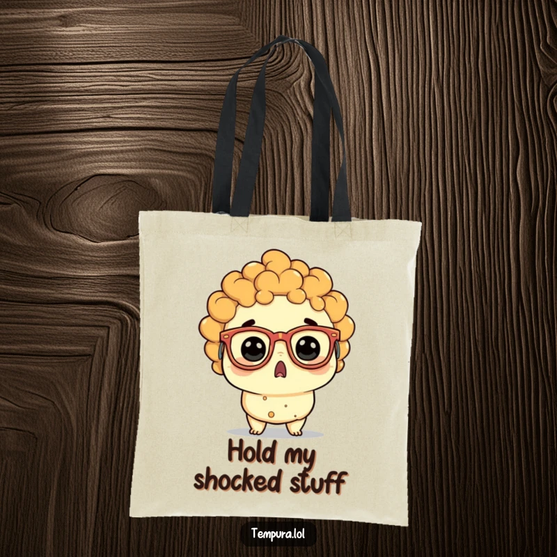 Funny tempura character wearing hilariously large, mismatched glasses, wide-eyed with funny shock, a tote bag.