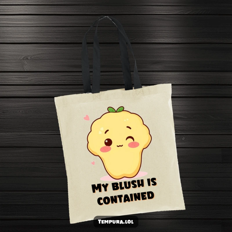 Funny tempura sweet potato with a surprised blush on a tote bag, ideal for stylish and humorous grocery shopping.
