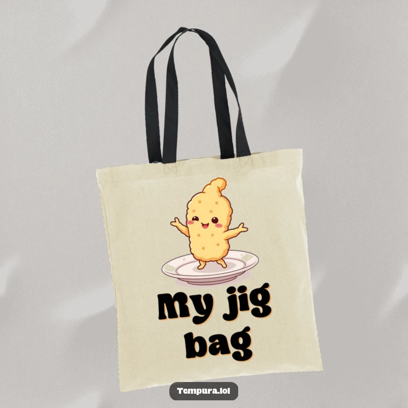 Funny Tempura Tote Bag: A smiling piece of tempura doing a lively jig on a plate, adding a humorous and practical touch for grocery shoppers.