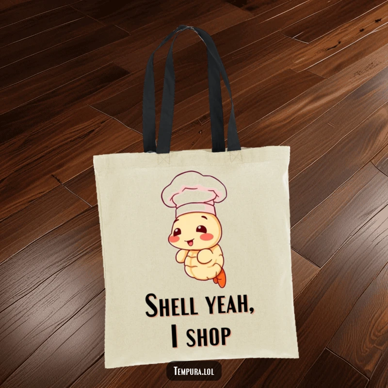Funny tote bag with a dapper tempura shrimp sporting a chef hat, ideal for grocery runs or market trips.